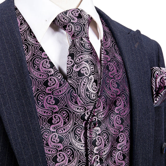 Pink and Black Paisley Vest Set vest set S (Chest 41)   - Sophisticated Gentlemen