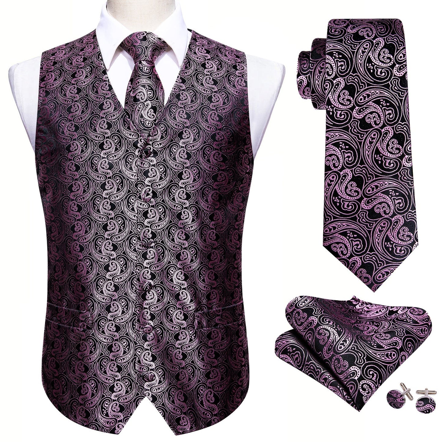 Pink and Black Paisley Vest Set vest set    - Sophisticated Gentlemen