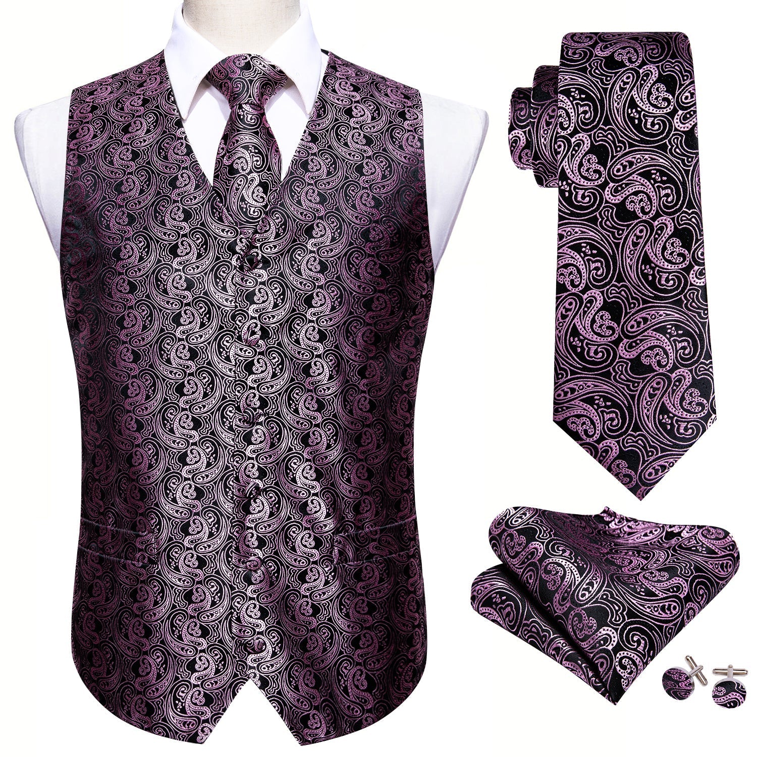 Pink and Black Paisley Vest Set vest set    - Sophisticated Gentlemen