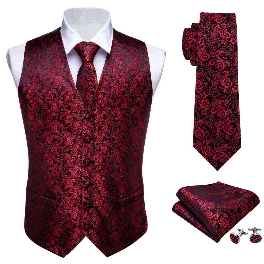 Red and Black Paisley 4-Piece Vest Set - SOPHGENT