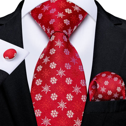 Snowflakes On Red Tie, Pocket Square and Cufflinks tie sets Standard packaging   - Sophisticated Gentlemen
