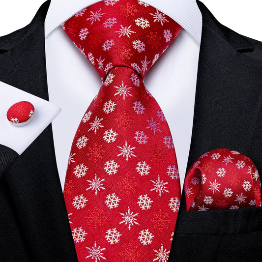 Snowflakes On Red Tie, Pocket Square and Cufflinks tie sets Standard packaging   - Sophisticated Gentlemen