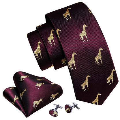 Burgundy Giraffe Silk Tie Set tie set    - Sophisticated Gentlemen