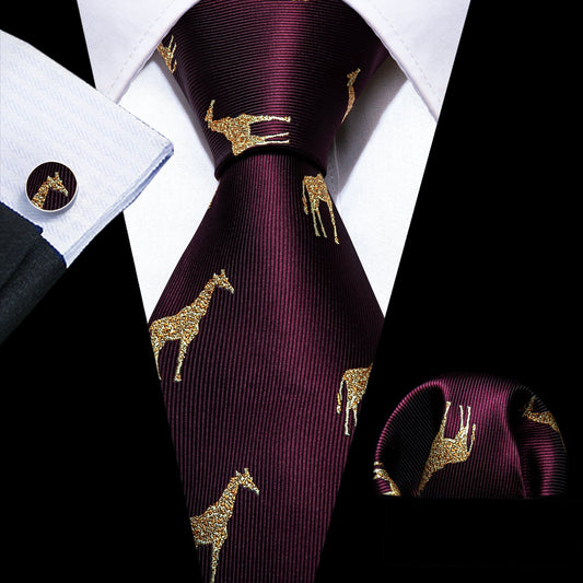 Burgundy Giraffe Silk Tie Set tie set Standard Packaging   - Sophisticated Gentlemen
