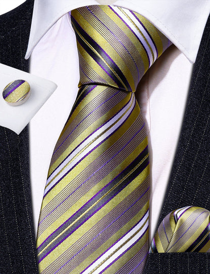 Purple and Gold Striped Silk Tie, Pocket Square and Cufflinks tie sets    - Sophisticated Gentlemen