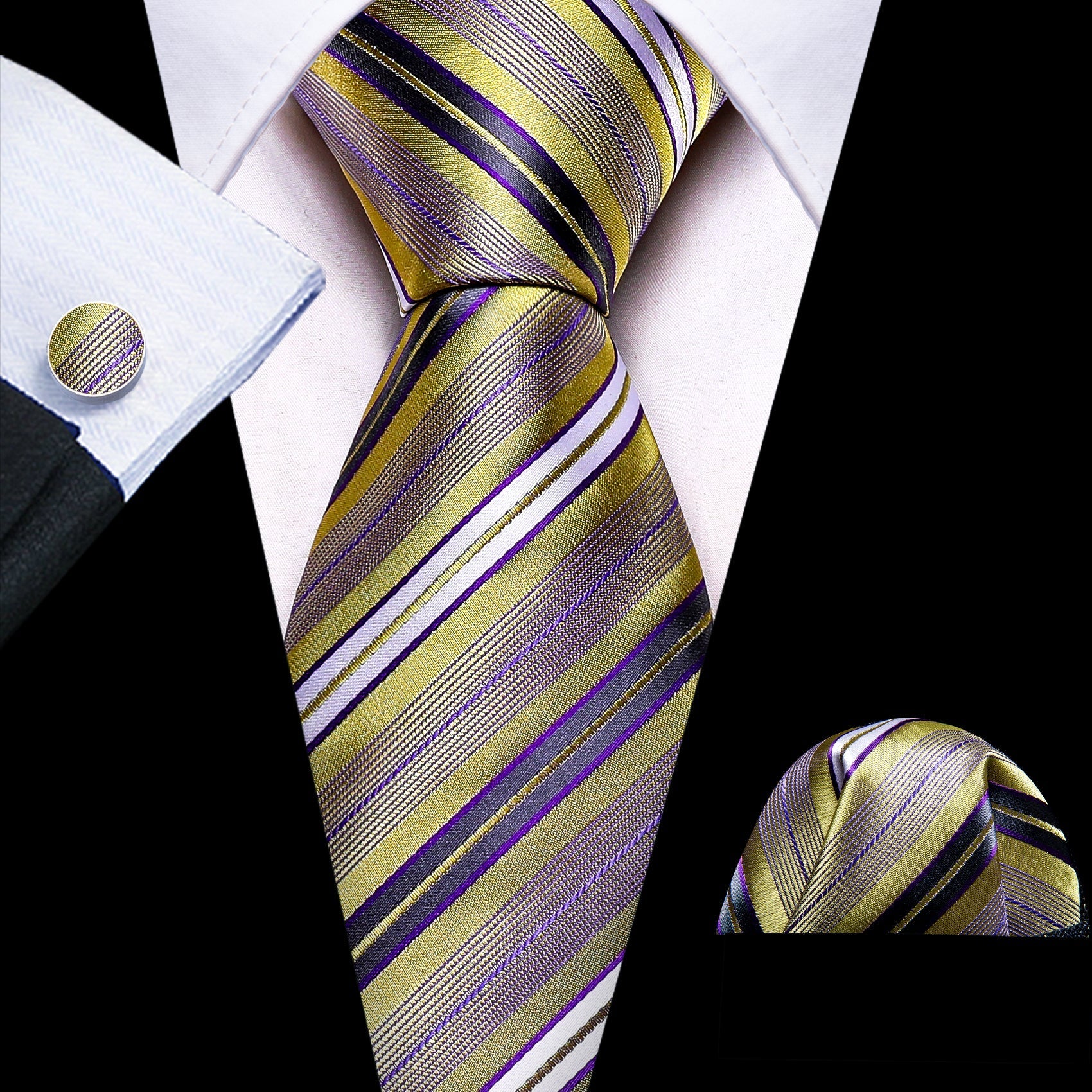 Purple and Gold Striped Silk Tie, Pocket Square and Cufflinks tie sets Standard packaging   - Sophisticated Gentlemen