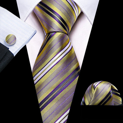 Purple and Gold Striped Silk Tie, Pocket Square and Cufflinks tie sets Standard packaging   - Sophisticated Gentlemen
