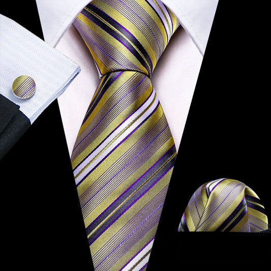 Purple and Gold Striped Silk Tie, Pocket Square and Cufflinks tie sets Standard packaging   - Sophisticated Gentlemen
