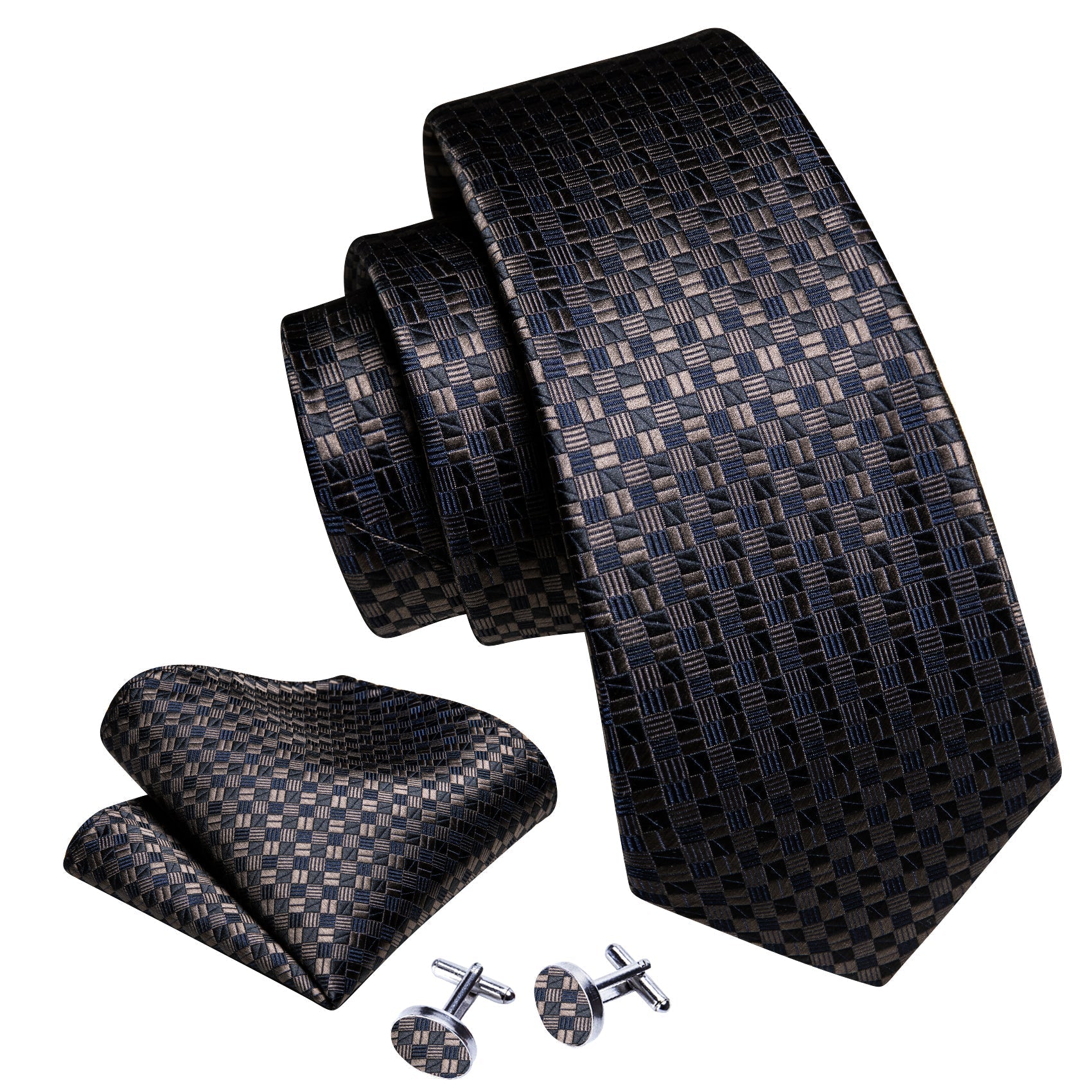 Blue and Brown Plaid Silk Tie, Pocket Square and Cufflinks Set tie sets    - Sophisticated Gentlemen