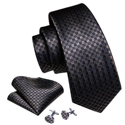 Blue and Brown Plaid Silk Tie, Pocket Square and Cufflinks Set tie sets    - Sophisticated Gentlemen