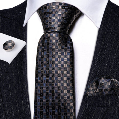 Blue and Brown Plaid Silk Tie, Pocket Square and Cufflinks Set tie sets    - Sophisticated Gentlemen