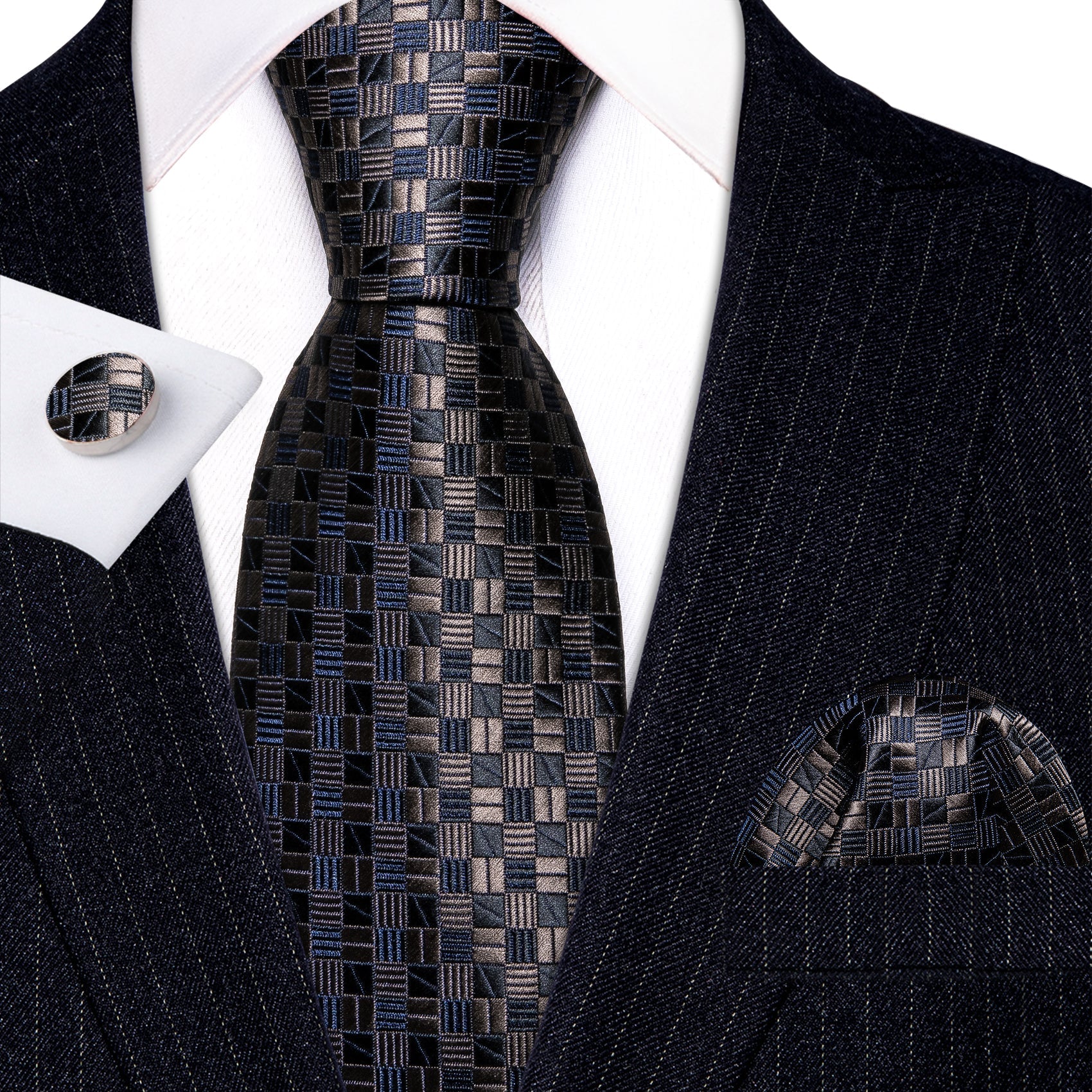 Blue and Brown Plaid Silk Tie, Pocket Square and Cufflinks Set tie sets Standard packaging   - Sophisticated Gentlemen