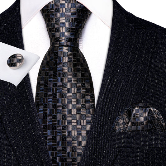 Blue and Brown Plaid Silk Tie, Pocket Square and Cufflinks Set tie sets Standard packaging   - Sophisticated Gentlemen