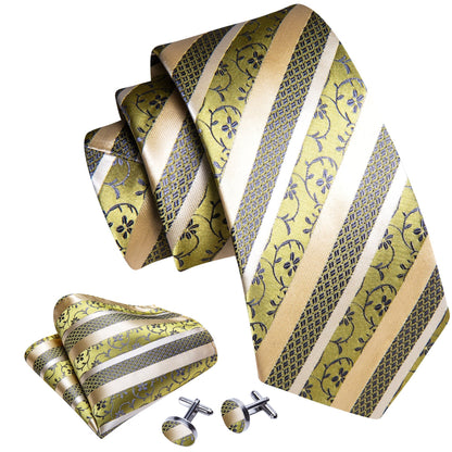 Champagne and Yellow Striped Tie, Pocket Square and Cufflinks tie sets    - Sophisticated Gentlemen