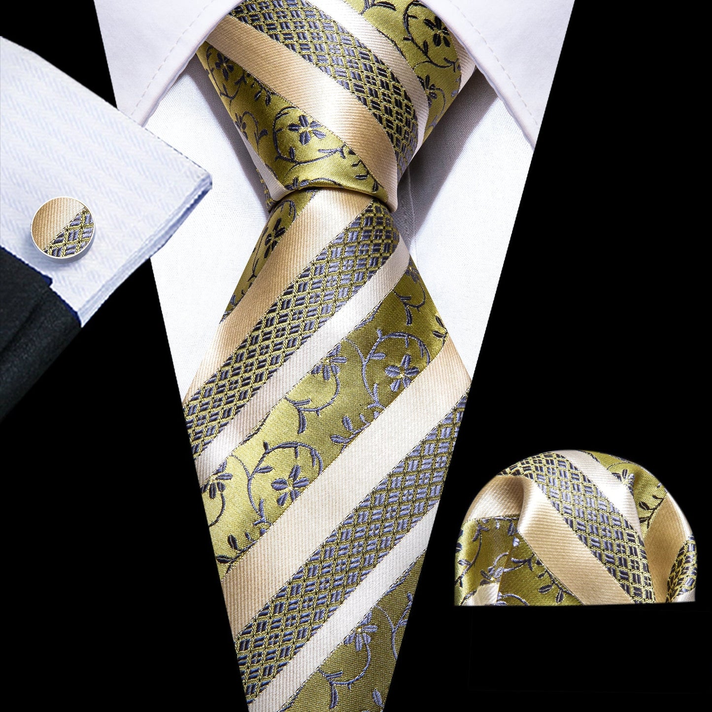 Champagne and Yellow Striped Tie, Pocket Square and Cufflinks tie sets Standard packaging   - Sophisticated Gentlemen