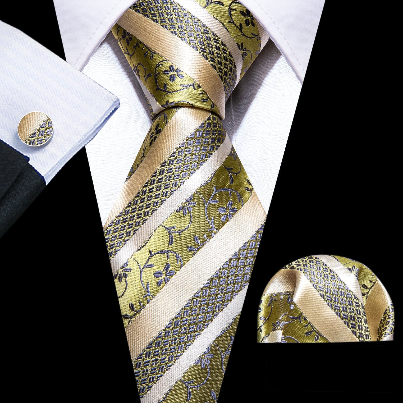 Champagne and Yellow Striped Tie, Pocket Square and Cufflinks tie sets Standard packaging   - Sophisticated Gentlemen