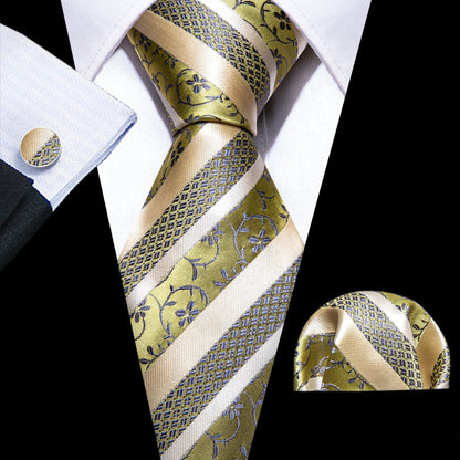 Champagne and Yellow Striped Tie, Pocket Square and Cufflinks tie sets Standard packaging   - Sophisticated Gentlemen