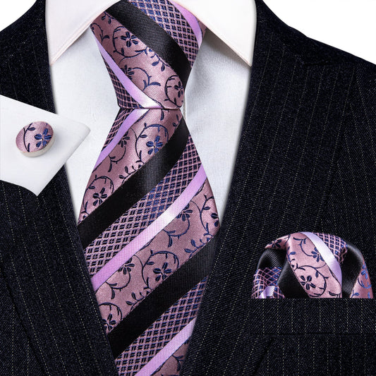 Pink, White and Black Striped Tie, Pocket Square and Cufflinks tie sets Standard packaging   - Sophisticated Gentlemen