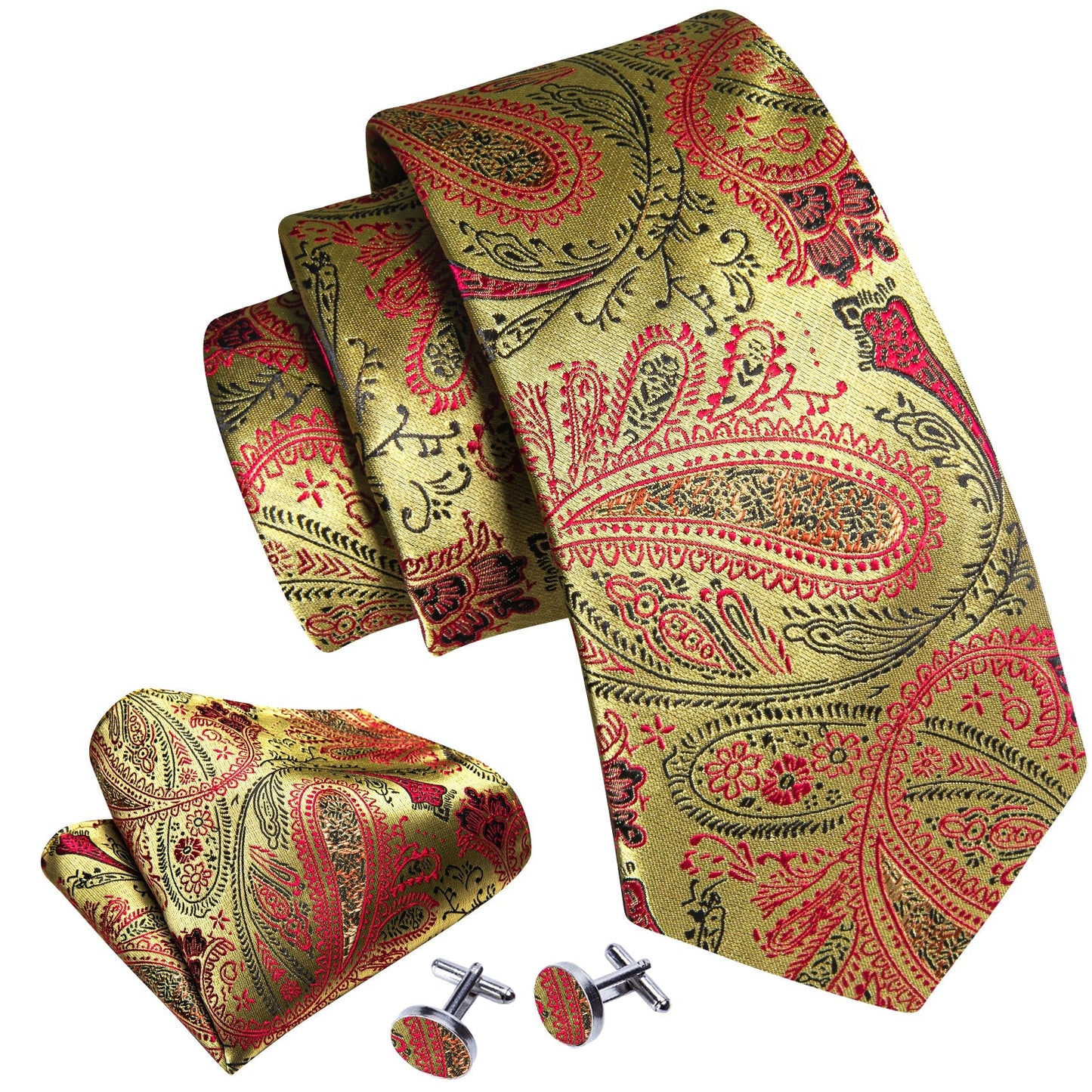 Gold, Red and Black Paisley Tie, Pocket Square and Cufflinks tie sets    - Sophisticated Gentlemen