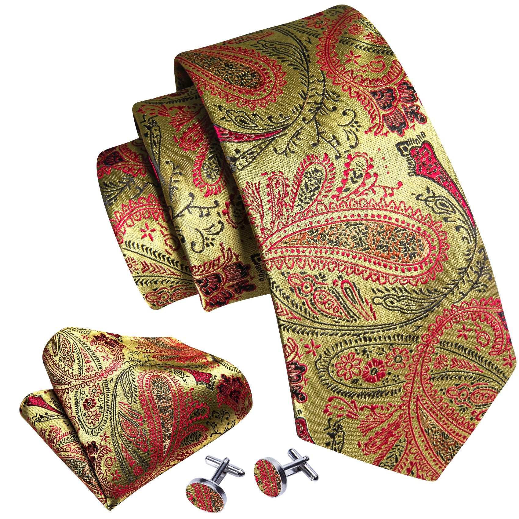Gold, Red and Black Paisley Tie, Pocket Square and Cufflinks tie sets    - Sophisticated Gentlemen