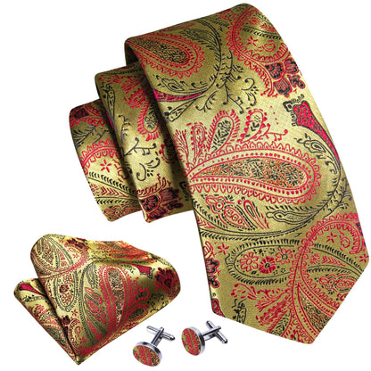 Gold, Red and Black Paisley Tie, Pocket Square and Cufflinks tie sets    - Sophisticated Gentlemen