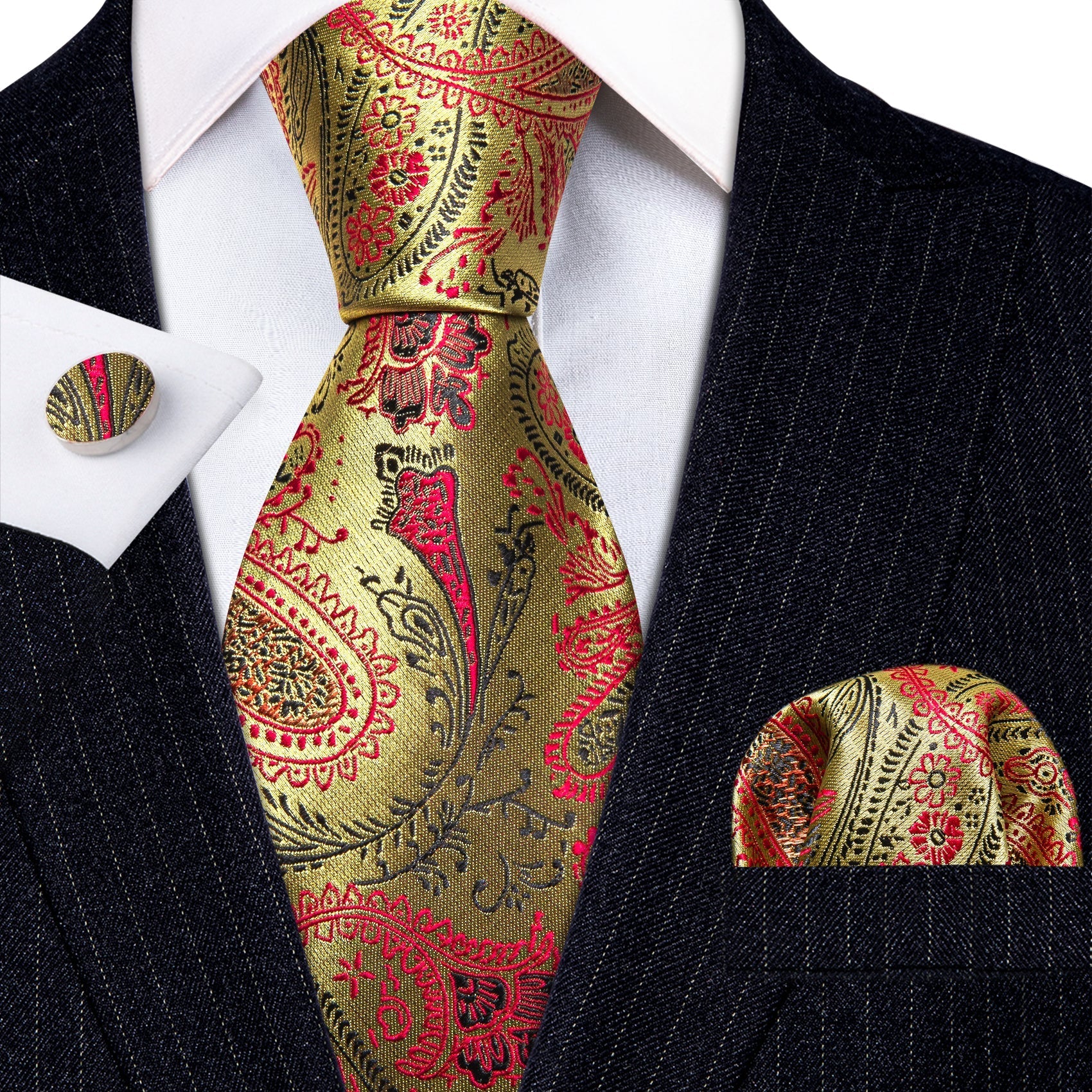 Gold, Red and Black Paisley Tie, Pocket Square and Cufflinks tie sets Standard packaging   - Sophisticated Gentlemen