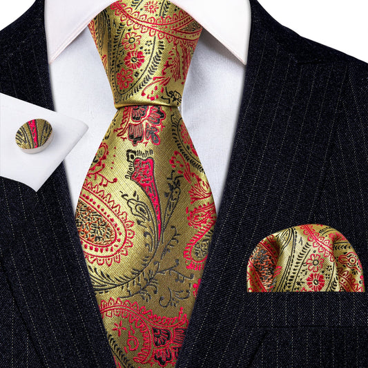 Gold, Red and Black Paisley Tie, Pocket Square and Cufflinks tie sets Standard packaging   - Sophisticated Gentlemen
