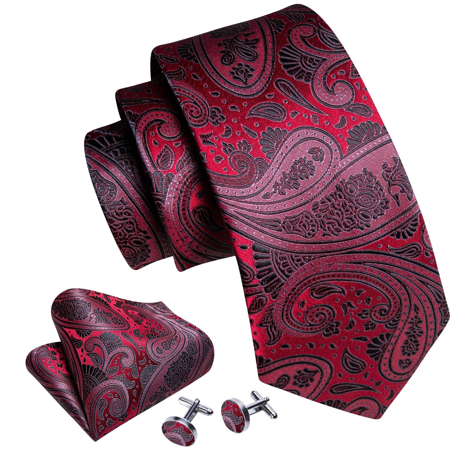 Ruby Paisley Silk Tie, Pocket Square and Cufflinks tie sets    - Sophisticated Gentlemen