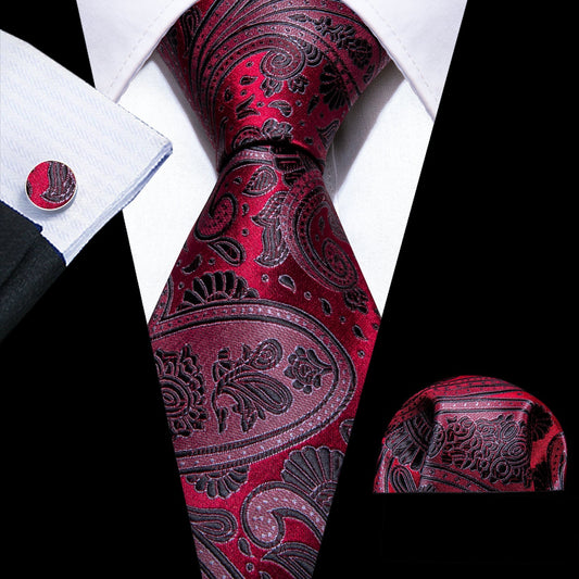 Ruby Paisley Silk Tie, Pocket Square and Cufflinks tie sets Standard packaging   - Sophisticated Gentlemen