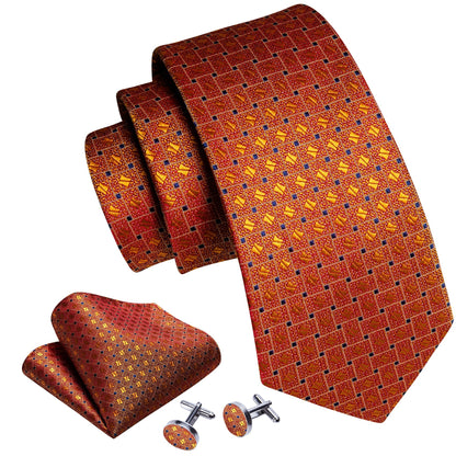 Orange Plaid Tie, Pocket Square and Cufflinks tie sets    - Sophisticated Gentlemen