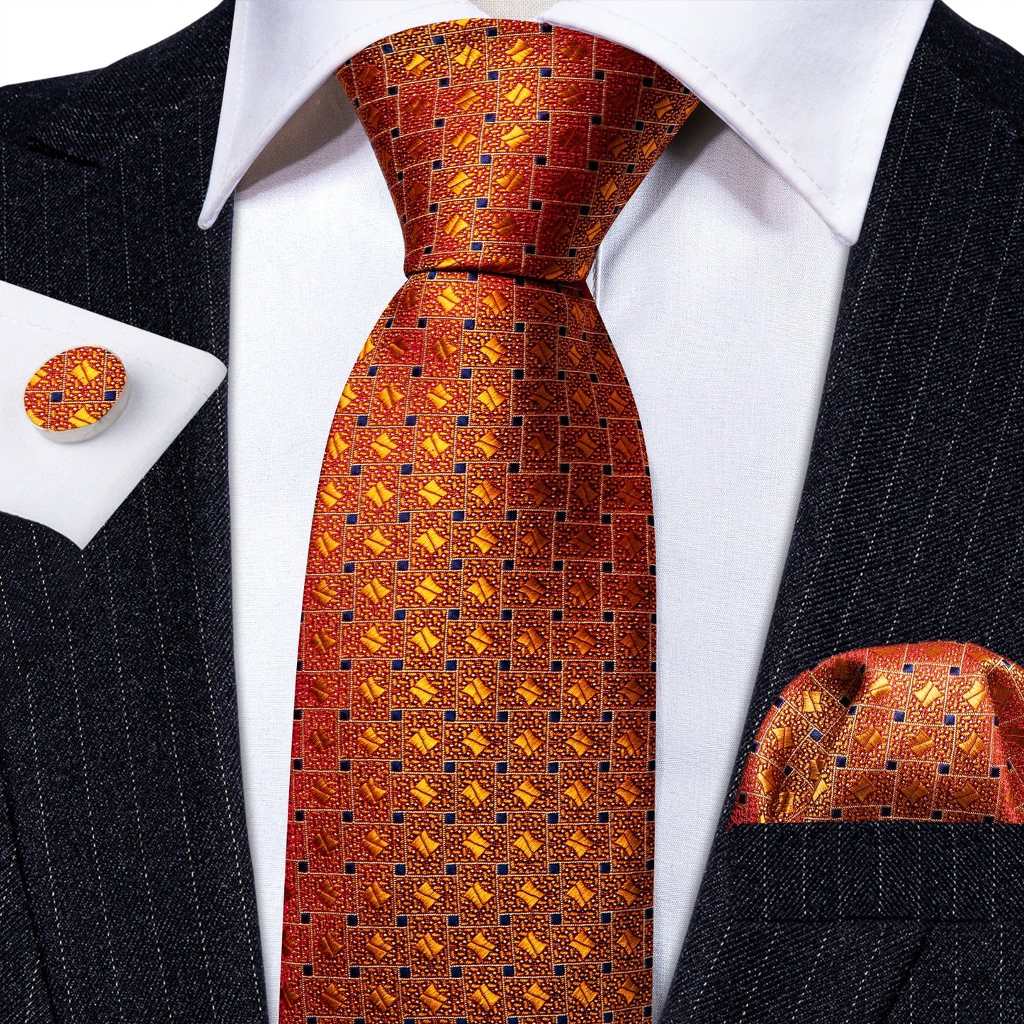 Orange Plaid Tie, Pocket Square and Cufflinks tie sets    - Sophisticated Gentlemen