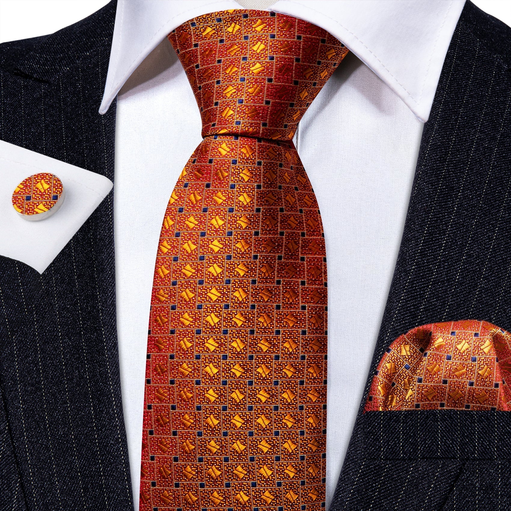 Orange Plaid Tie, Pocket Square and Cufflinks tie sets    - Sophisticated Gentlemen