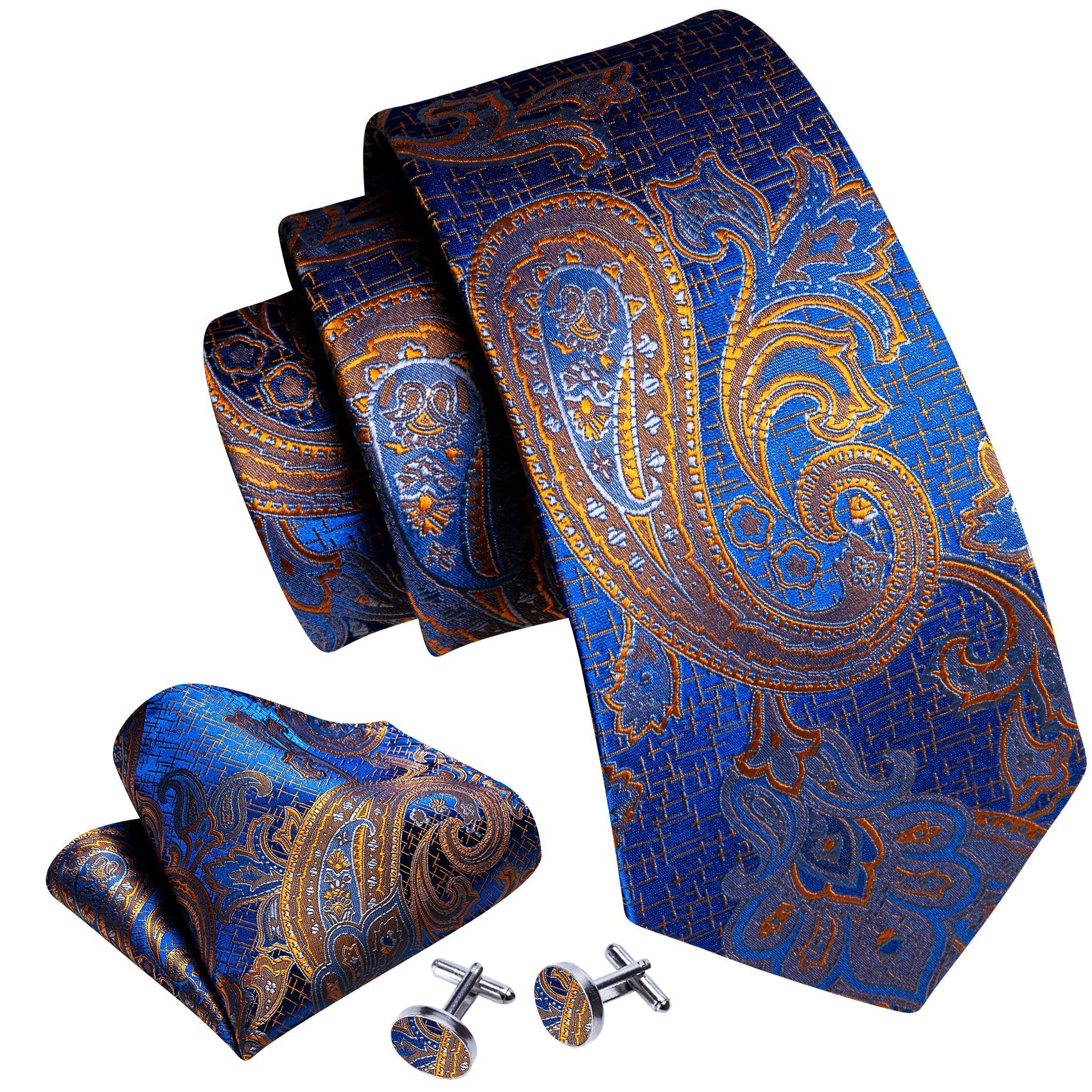 Gold and Blue Silk Paisley Tie, Pocket Square and Cufflinks tie sets    - Sophisticated Gentlemen