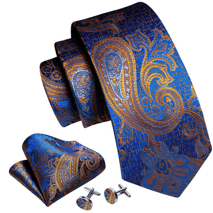 Gold and Blue Silk Paisley Tie, Pocket Square and Cufflinks tie sets    - Sophisticated Gentlemen