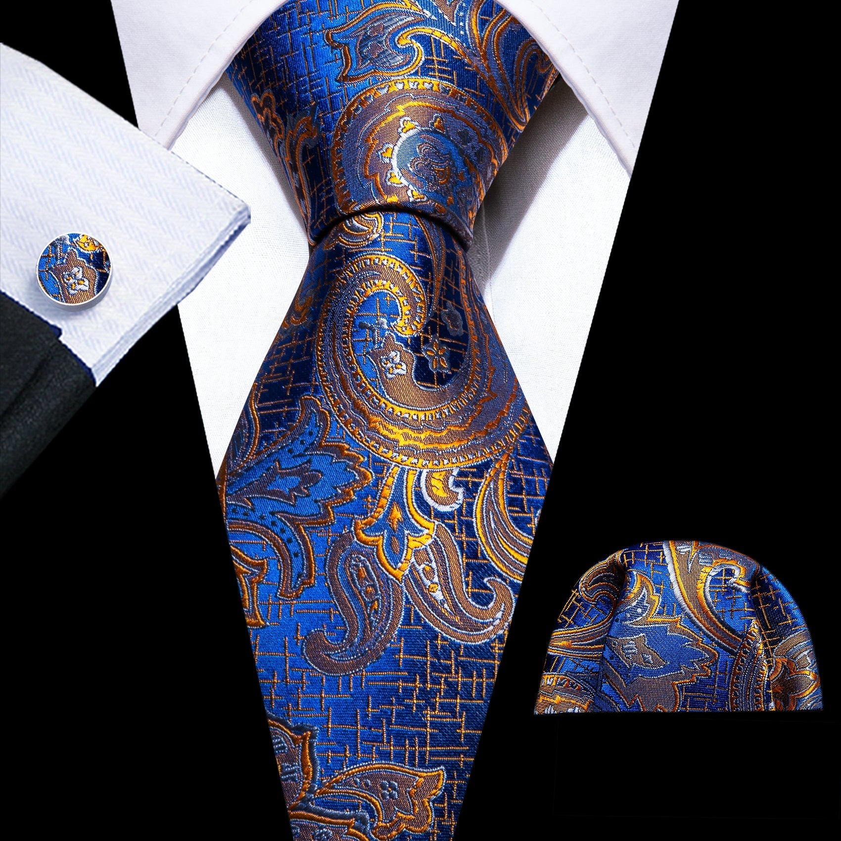 Gold and Blue Silk Paisley Tie, Pocket Square and Cufflinks tie sets    - Sophisticated Gentlemen