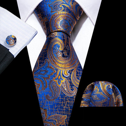 Gold and Blue Silk Paisley Tie, Pocket Square and Cufflinks tie sets    - Sophisticated Gentlemen
