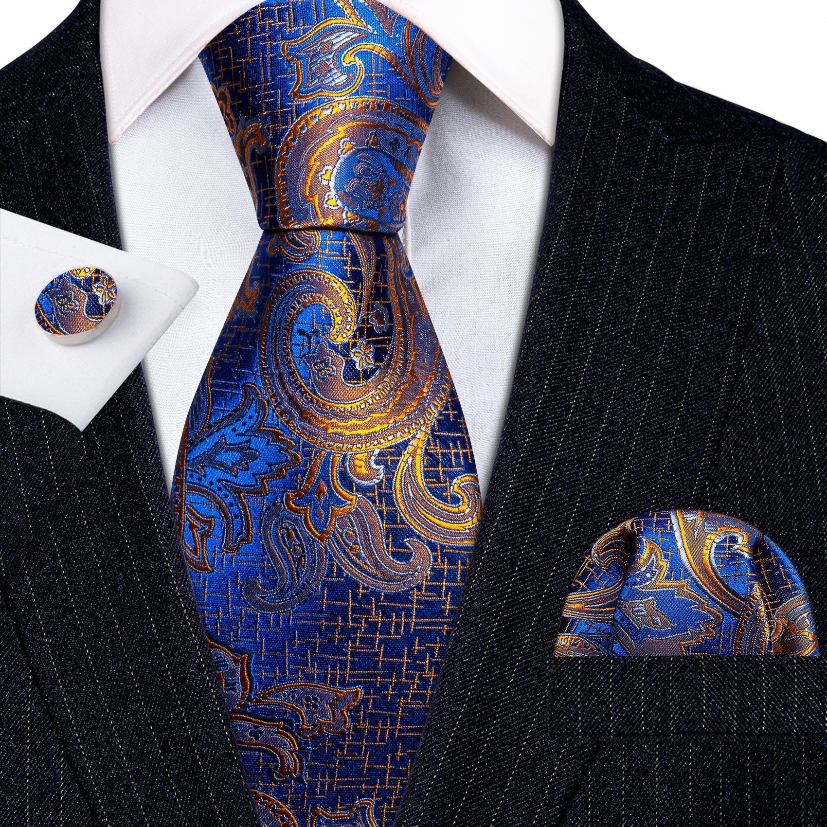 Gold and Blue Silk Paisley Tie, Pocket Square and Cufflinks tie sets Standard packaging   - Sophisticated Gentlemen