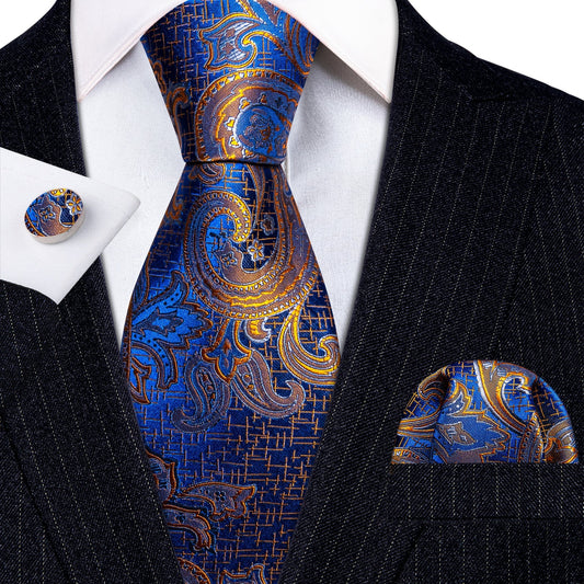 Gold and Blue Silk Paisley Tie, Pocket Square and Cufflinks tie sets Standard packaging   - Sophisticated Gentlemen