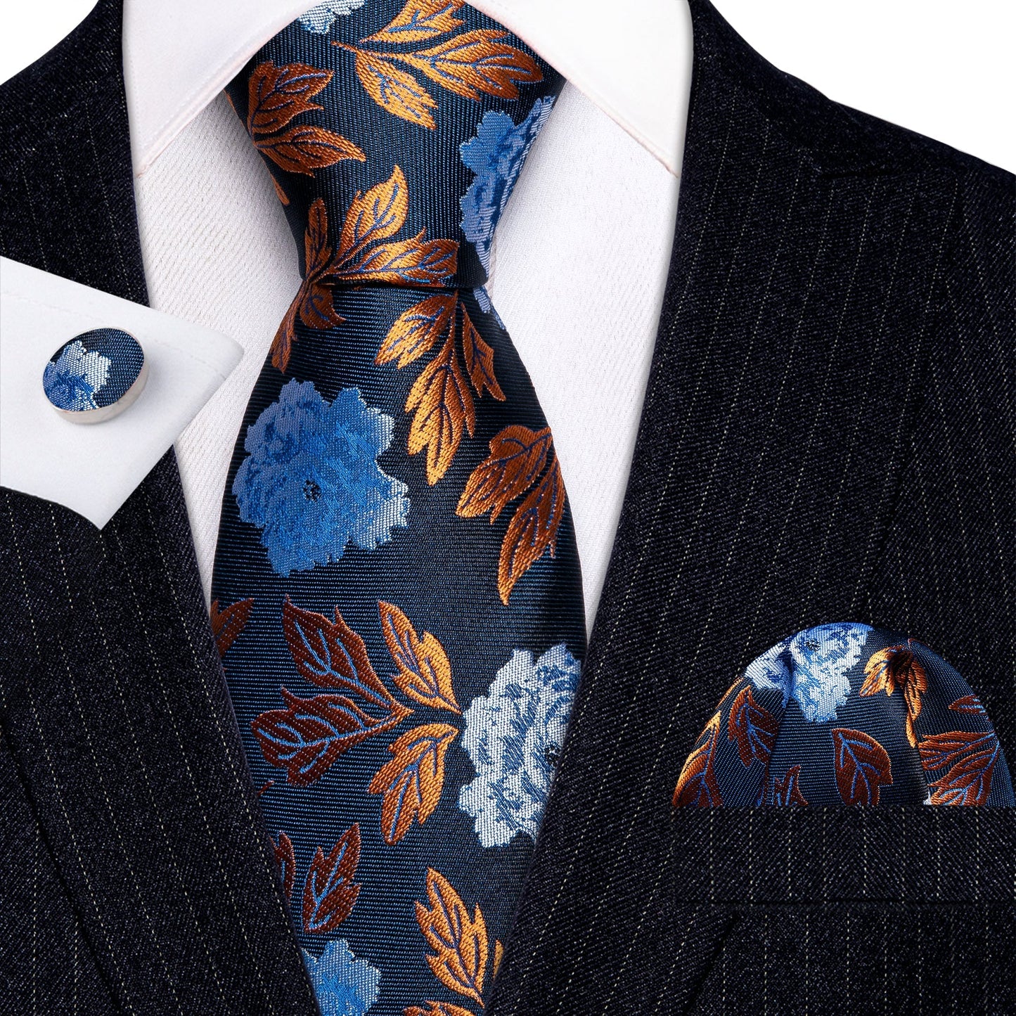 Golden Leaves Silk Tie, Pocket Square and Cufflinks tie sets    - Sophisticated Gentlemen