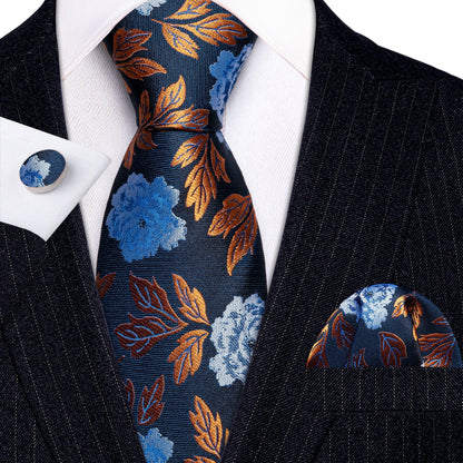 Golden Leaves Silk Tie, Pocket Square and Cufflinks tie sets    - Sophisticated Gentlemen