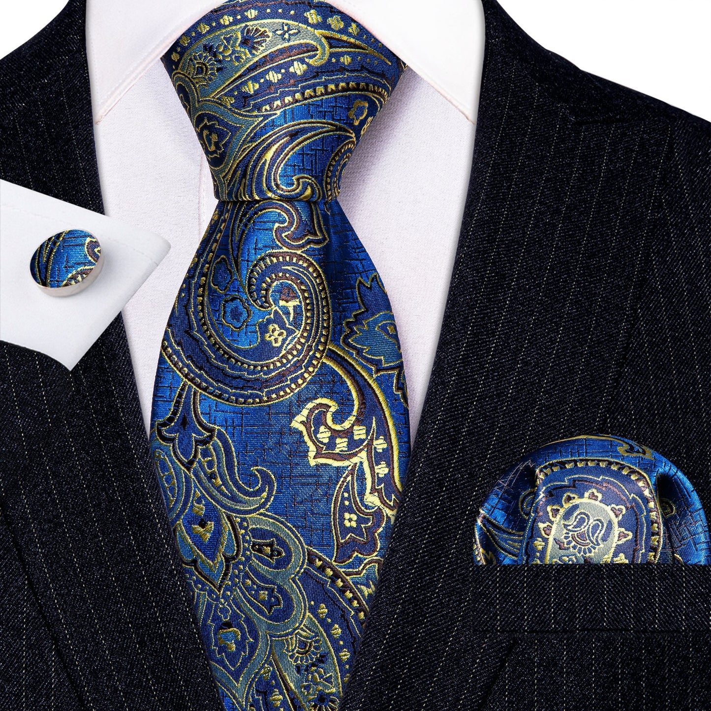 Blue and Champagne Paisley Tie, Pocket Square and Cufflinks tie sets Standard packaging   - Sophisticated Gentlemen