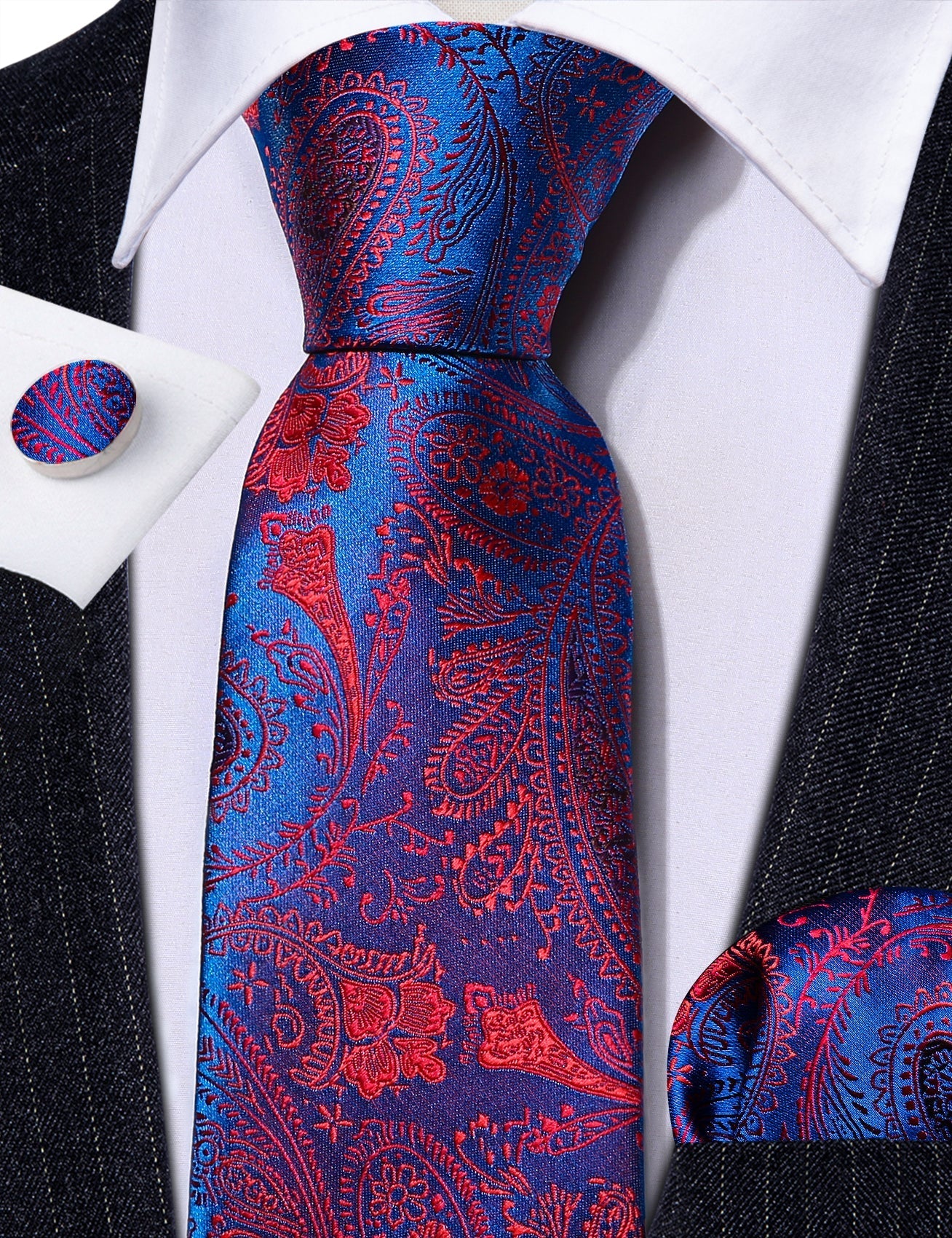 Blue and Red Paisley Silk Tie, Pocket Square and Cufflinks Set tie sets    - Sophisticated Gentlemen