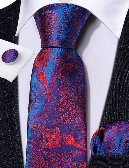 Blue and Red Paisley Silk Tie, Pocket Square and Cufflinks Set tie sets    - Sophisticated Gentlemen