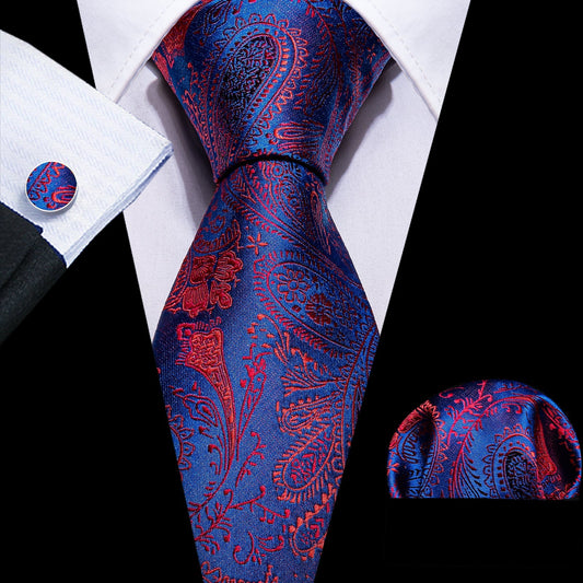 Blue and Red Paisley Silk Tie, Pocket Square and Cufflinks Set tie sets Standard packaging   - Sophisticated Gentlemen