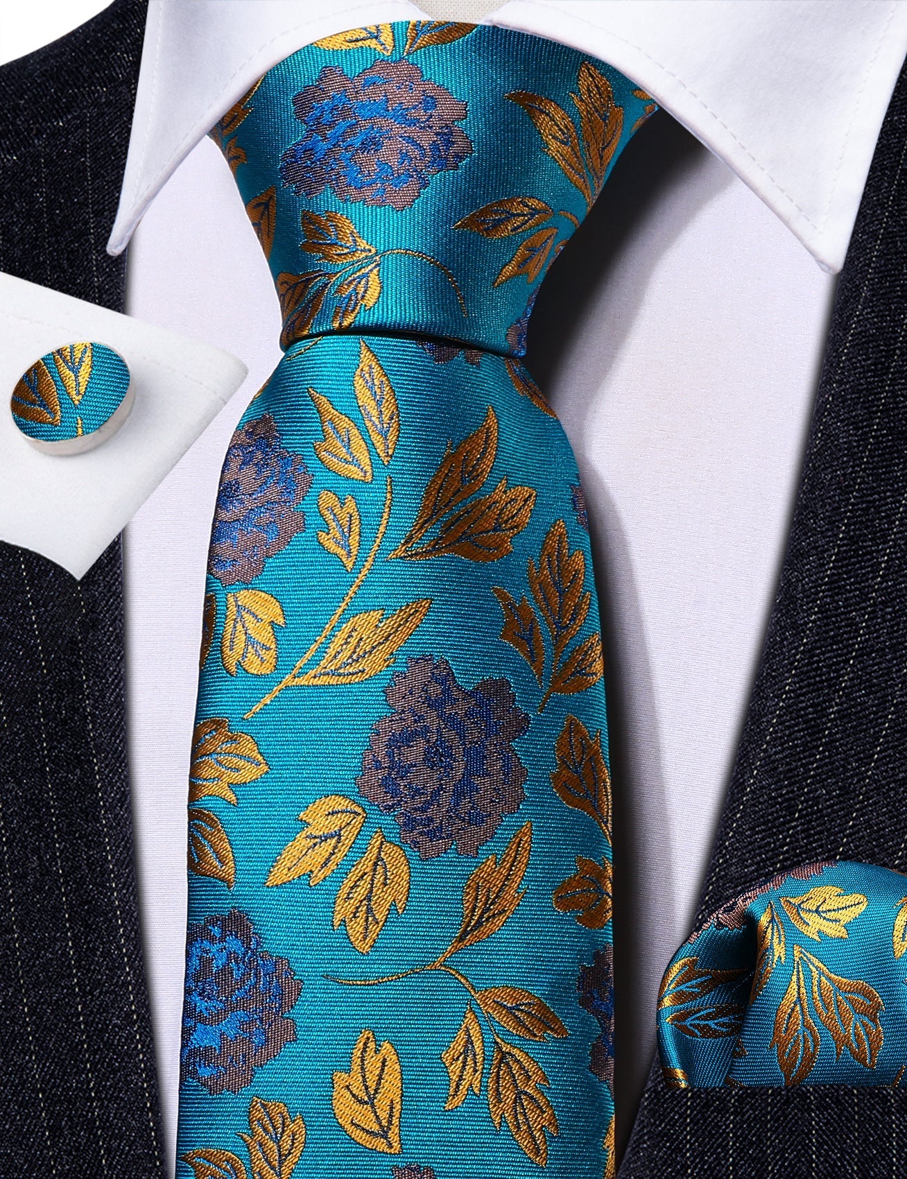 Teal and Gold Floral Silk Tie, Pocket Square and Cufflinks Set tie sets    - Sophisticated Gentlemen