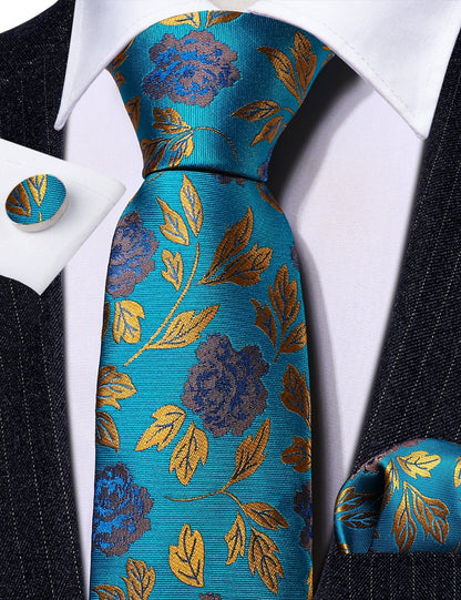 Teal and Gold Floral Silk Tie, Pocket Square and Cufflinks Set tie sets    - Sophisticated Gentlemen