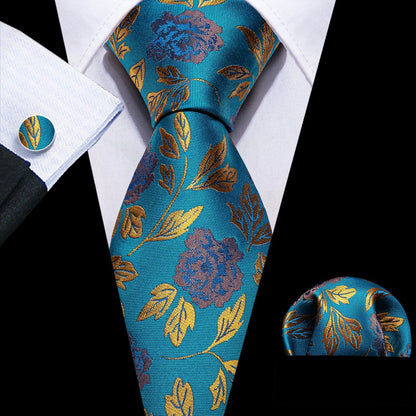 Teal and Gold Floral Silk Tie, Pocket Square and Cufflinks Set tie sets Standard packaging   - Sophisticated Gentlemen
