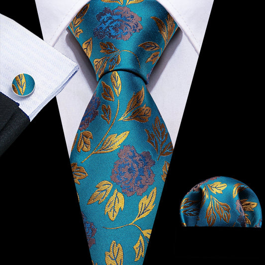 Teal and Gold Floral Silk Tie, Pocket Square and Cufflinks Set tie sets Standard packaging   - Sophisticated Gentlemen