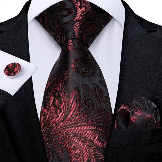 Red and Black Silk Tie, Pocket Square and Cufflinks tie sets Standard packaging   - Sophisticated Gentlemen