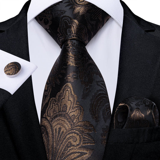 Brown and Black Silk Tie, Pocket Square and Cufflinks tie sets Standard packaging   - Sophisticated Gentlemen